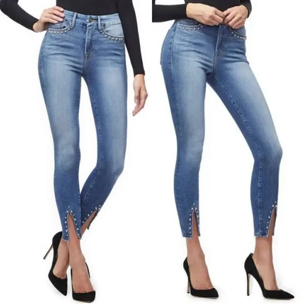 Good American Good Legs Stud Hem Skinny Jeans in Blue 29